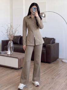 Solavon Women's Casual Modest Zip-Up Long Sleeve Jacket And Pants 2 Pieces Set Office Khaki Spring - Khaki - View 5