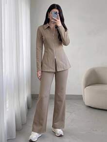 Solavon Women's Casual Modest Zip-Up Long Sleeve Jacket And Pants 2 Pieces Set Office Khaki Spring - Khaki - View 1