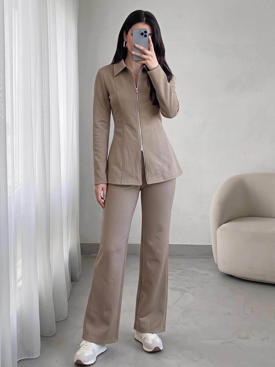 Solavon Women's Casual Modest Zip-Up Long Sleeve Jacket And Pants 2 Pieces Set Office Khaki Spring - Khaki - View 1