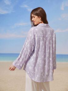 Solavon Women's Casual, Vacation & Commute Loose Fit All-Over Print Drop Shoulder Long Sleeve Shirt, Spring/Autumn - Mauve Purple - View 3