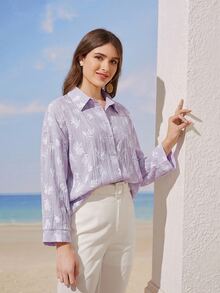 Solavon Women's Casual, Vacation & Commute Loose Fit All-Over Print Drop Shoulder Long Sleeve Shirt, Spring/Autumn - Mauve Purple - View 4