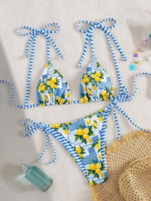 SHEIN Swim 女士海滩夏季音乐节蝴蝶结条纹柠檬印花结可爱假日比基尼套装 - 彩色 - 查看 3