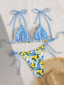 SHEIN Swim 女士海滩夏季音乐节蝴蝶结条纹柠檬印花结可爱假日比基尼套装 - 彩色 - 查看 2