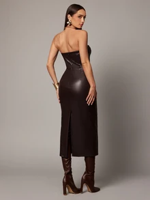 Silquee Women's Fashion Commuter Strapless Midi Dress - Brown - View 3