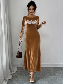 SHEIN Clasi Elegant French Vintage Round Neck Lace Patchwork Cape Long Sleeve Slim Fit Mermaid Flare Dress For Women - Khaki - View 7