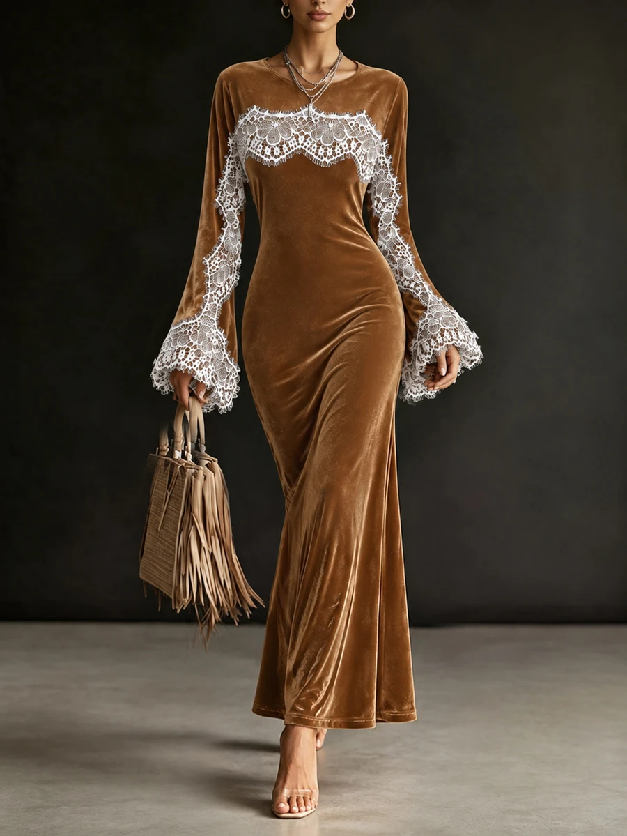 SHEIN Clasi Elegant French Vintage Round Neck Lace Patchwork Cape Long Sleeve Slim Fit Mermaid Flare Dress For Women