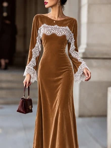 SHEIN Clasi Elegant French Vintage Round Neck Lace Patchwork Cape Long Sleeve Slim Fit Mermaid Flare Dress For Women - Khaki - View 10