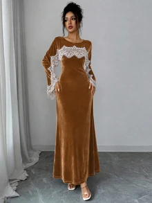 SHEIN Clasi Elegant French Vintage Round Neck Lace Patchwork Cape Long Sleeve Slim Fit Mermaid Flare Dress For Women - Khaki - View 5