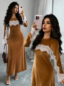 SHEIN Clasi Elegant French Vintage Round Neck Lace Patchwork Cape Long Sleeve Slim Fit Mermaid Flare Dress For Women - Khaki - View 9