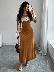 SHEIN Clasi Elegant French Vintage Round Neck Lace Patchwork Cape Long Sleeve Slim Fit Mermaid Flare Dress For Women - Khaki - View 8