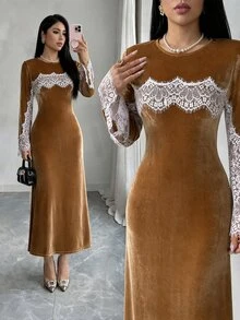 SHEIN Clasi Elegant French Vintage Round Neck Lace Patchwork Cape Long Sleeve Slim Fit Mermaid Flare Dress For Women - Khaki - View 4