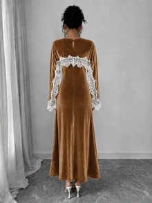 SHEIN Clasi Elegant French Vintage Round Neck Lace Patchwork Cape Long Sleeve Slim Fit Mermaid Flare Dress For Women - Khaki - View 3