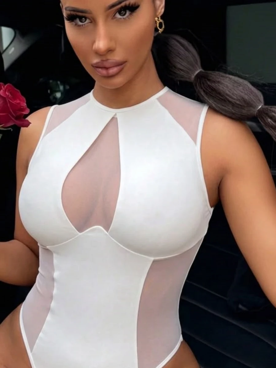 SHEIN SXY 女士白色网纱拼接无袖性感连体衣 - 白色 - 查看 1