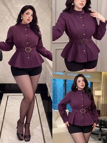 Vibekara Napoleon Style Plus Size Women's Casual Minimalist Commuter Woven Purple Autumn/Winter Wool - Purple - View 1