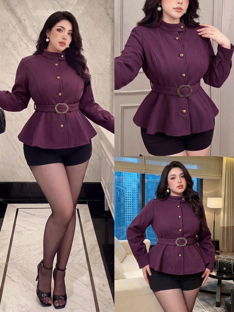 Vibekara Napoleon Style Plus Size Women's Casual Minimalist Commuter Woven Purple Autumn/Winter Wool - Purple - View 1