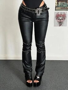 Jeanoix Celana Panjang Model Slim Fit dengan Detail Rivet Gaya Y2K, Potongan Kaki Sempit, Bahan Imitasi PU, Model Lurus - Hitam - View 7