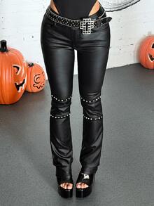 Jeanoix Celana Panjang Model Slim Fit dengan Detail Rivet Gaya Y2K, Potongan Kaki Sempit, Bahan Imitasi PU, Model Lurus - Hitam - View 8