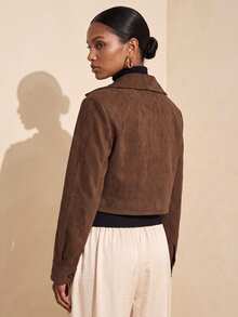 Vesra Jaket Pendek Wanita Lengan Panjang Warna Polos Bahan Suede dengan Rumbai - Coffee Brown - View 2