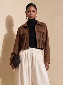 Vesra Jaket Pendek Wanita Lengan Panjang Warna Polos Bahan Suede dengan Rumbai - Coffee Brown - View 4