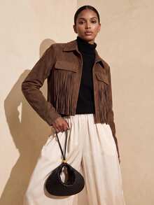 Vesra Jaket Pendek Wanita Lengan Panjang Warna Polos Bahan Suede dengan Rumbai - Coffee Brown - View 5