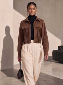 Vesra Jaket Pendek Wanita Lengan Panjang Warna Polos Bahan Suede dengan Rumbai - Coffee Brown - View 6