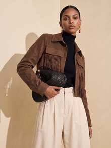Vesra Jaket Pendek Wanita Lengan Panjang Warna Polos Bahan Suede dengan Rumbai - Coffee Brown - View 1