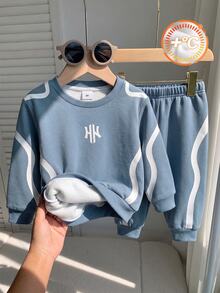 Young Boys Sweatshirt Set, Crew Neck Sweatshirt With White HK Letter Print On Chest, Smooth White Wave Side Stripe Decoration On Sleeves, Ribbed Cuffs And Hem, Matching Color Joggers With Same White Wave Stripe On Sides, Ribbed Cuffs, Matching Top - Multicolor - View 3
