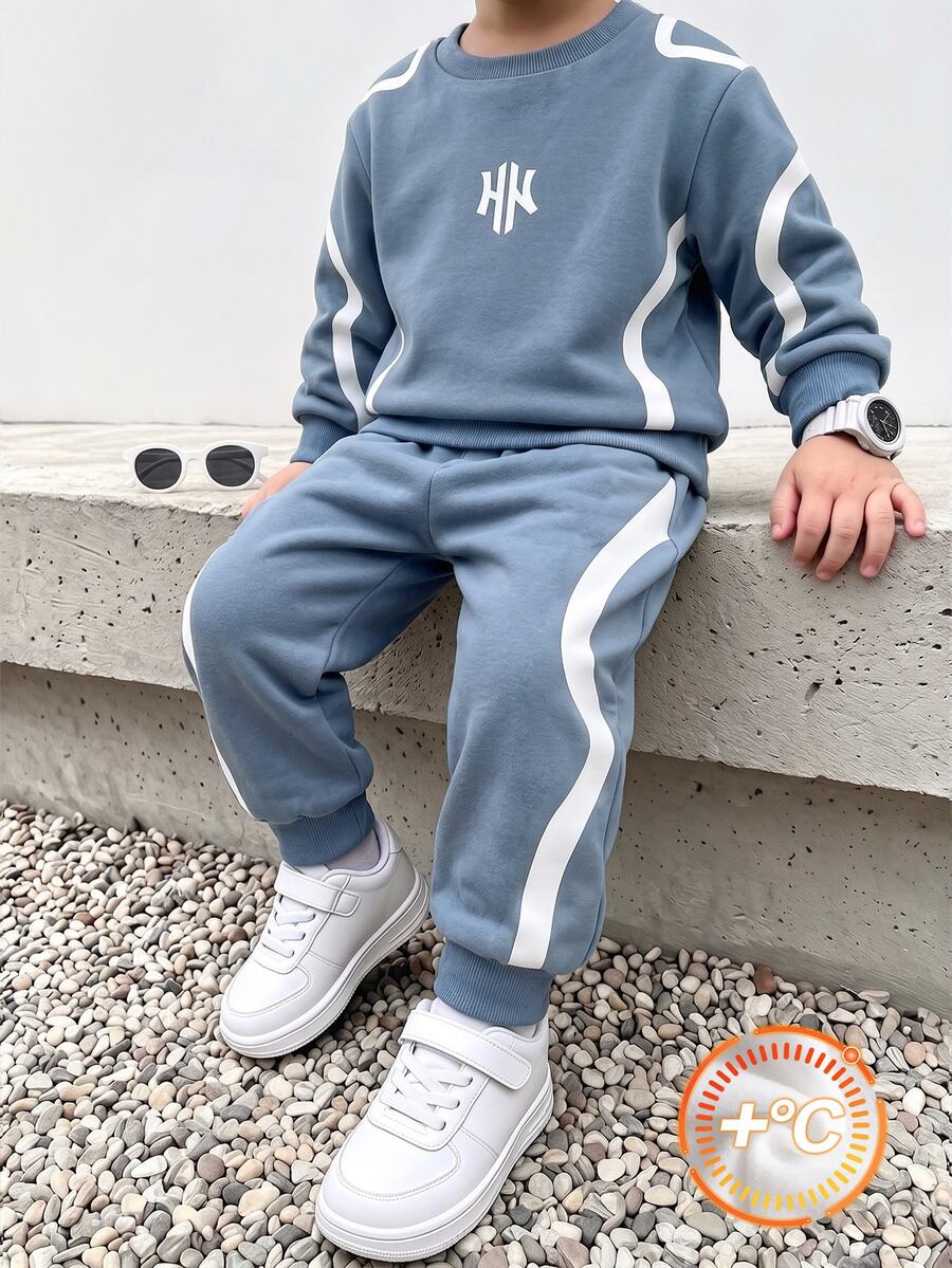 Young Boys Sweatshirt Set, Crew Neck Sweatshirt With White HK Letter Print On Chest, Smooth White Wave Side Stripe Decoration On Sleeves, Ribbed Cuffs And Hem, Matching Color Joggers With Same White Wave Stripe On Sides, Ribbed Cuffs, Matching Top - Multicolor - View 1