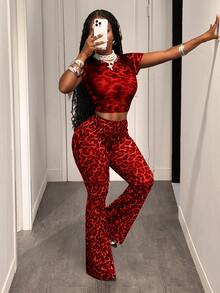 Slaydiva Women's Dark Red Leopard Print Mesh Knitted Two Pieces Set, Round Neck Short Sleeve Cropped T-Shirt&Flared Pants Outfit,Summer Club Night Rave Y2K - Red - View 5