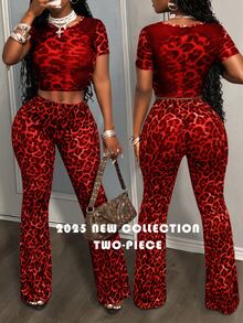 Slaydiva Women's Dark Red Leopard Print Mesh Knitted Two Pieces Set, Round Neck Short Sleeve Cropped T-Shirt&Flared Pants Outfit,Summer Club Night Rave Y2K - Red - View 8