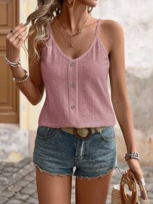 Brillora Women's Summer Minimalist Solid Color Hollow Embroidery Button Decor Camisole,Summer Top - Pink - View 5