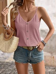 Brillora Women's Summer Minimalist Solid Color Hollow Embroidery Button Decor Camisole,Summer Top - Pink - View 6