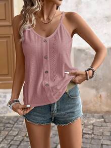 Brillora Women's Summer Minimalist Solid Color Hollow Embroidery Button Decor Camisole,Summer Top - Pink - View 4