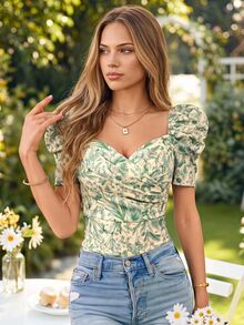 KARISMINA Elegant Floral Print Bishop Sleeve Slim Fit T-Shirt, For Summer Vacation,European Summer,Cute Summer Top - Green - View 1