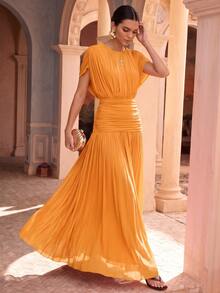 Anewsta Spring/Summer New Solid Color Elastic Mesh Soft Delicate Round Neck Ruched Design Long Dress For Women Tea Party Burnt Orange Elegant - Pale Yellow - View 6
