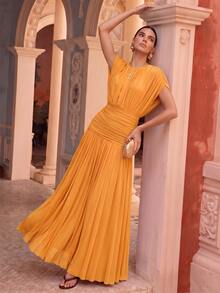 Anewsta Spring/Summer New Solid Color Elastic Mesh Soft Delicate Round Neck Ruched Design Long Dress For Women Tea Party Burnt Orange Elegant - Pale Yellow - View 3