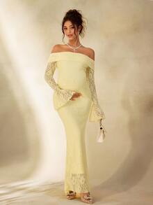 Cheriluna Maternity 孕妇摄影礼服、蕾丝连衣裙/优雅派对礼服、新年黄色连衣裙、冬季连衣裙 - 黃色 - 查看 2