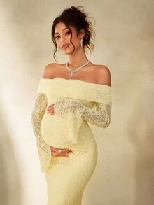Cheriluna Maternity 孕妇摄影礼服、蕾丝连衣裙/优雅派对礼服、新年黄色连衣裙、冬季连衣裙 - 黃色 - 查看 6