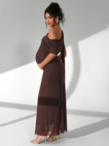 Cheriluna Maternity Elegant Solid Color Asymmetric Shoulder Maternity Photography Dress - Brown - View 5