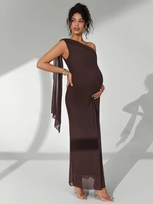Cheriluna Maternity Elegant Solid Color Asymmetric Shoulder Maternity Photography Dress - Brown - View 4