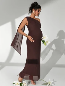 Cheriluna Maternity Elegant Solid Color Asymmetric Shoulder Maternity Photography Dress - Brown - View 8