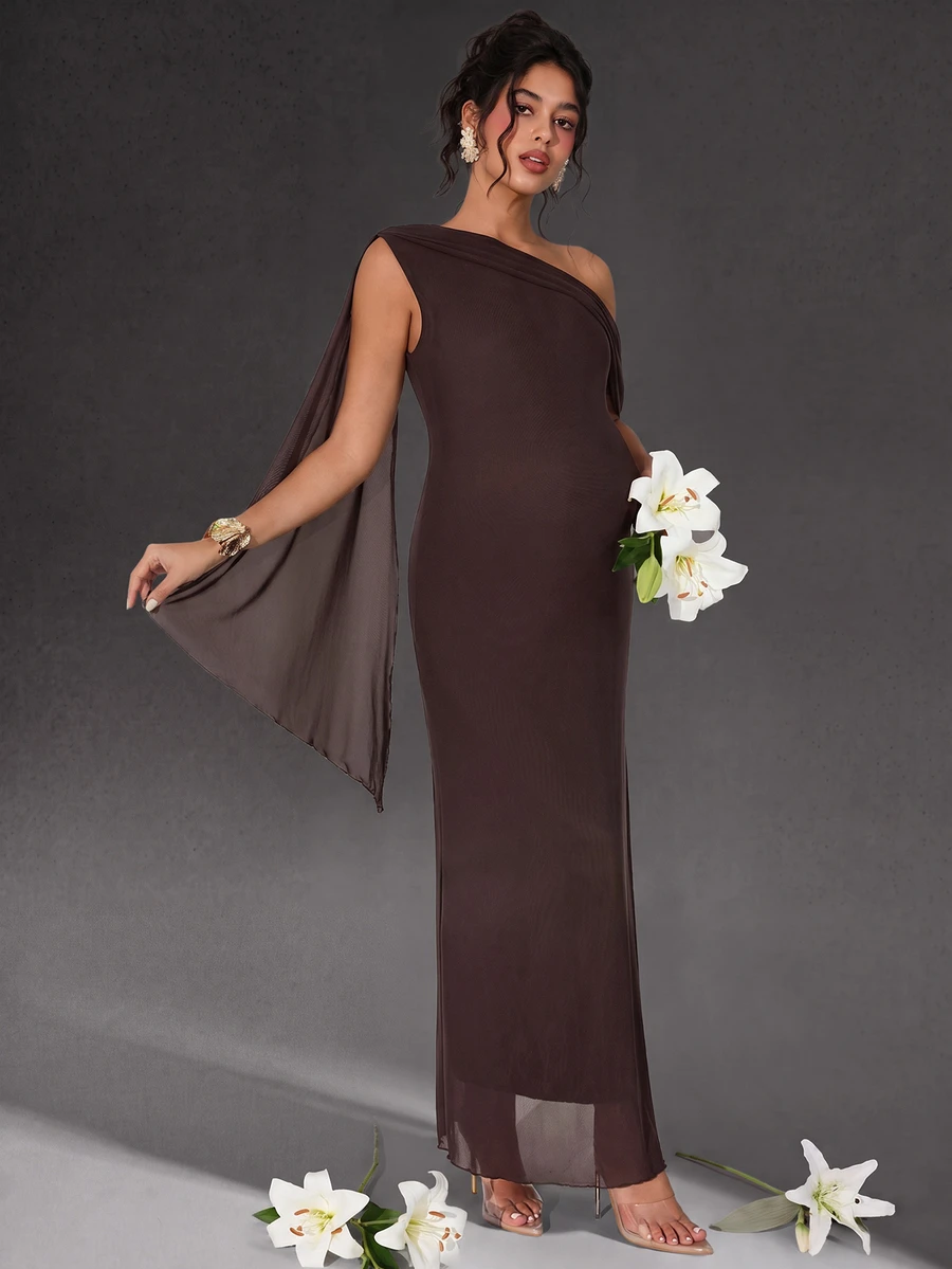 Cheriluna Maternity Elegant Solid Color Asymmetric Shoulder Maternity Photography Dress - Brown - View 1