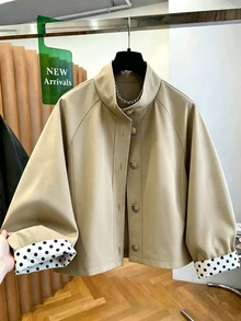 SHEIN Franclia Women's Autumn New Arrival Khaki Stand Collar Short Raglan Sleeve Color Block Polka Dot Cuffs Single-Breasted Casual Jacket/Trench Coat. Christmas. - Apricot - View 10