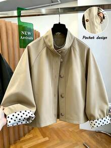 SHEIN Franclia Women's Autumn New Arrival Khaki Stand Collar Short Raglan Sleeve Color Block Polka Dot Cuffs Single-Breasted Casual Jacket/Trench Coat. Christmas. - Apricot - View 1