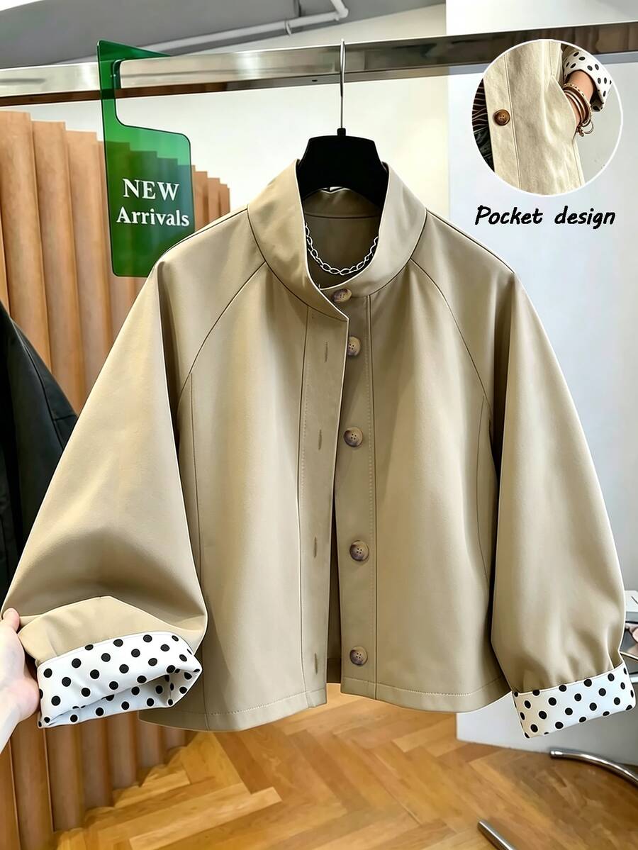 SHEIN Franclia Women's Autumn New Arrival Khaki Stand Collar Short Raglan Sleeve Color Block Polka Dot Cuffs Single-Breasted Casual Jacket/Trench Coat. Christmas. - Apricot - View 1