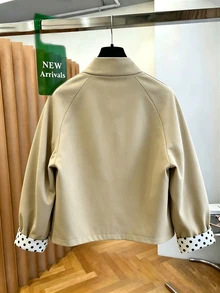 SHEIN Franclia Women's Autumn New Arrival Khaki Stand Collar Short Raglan Sleeve Color Block Polka Dot Cuffs Single-Breasted Casual Jacket/Trench Coat. Christmas. - Apricot - View 9