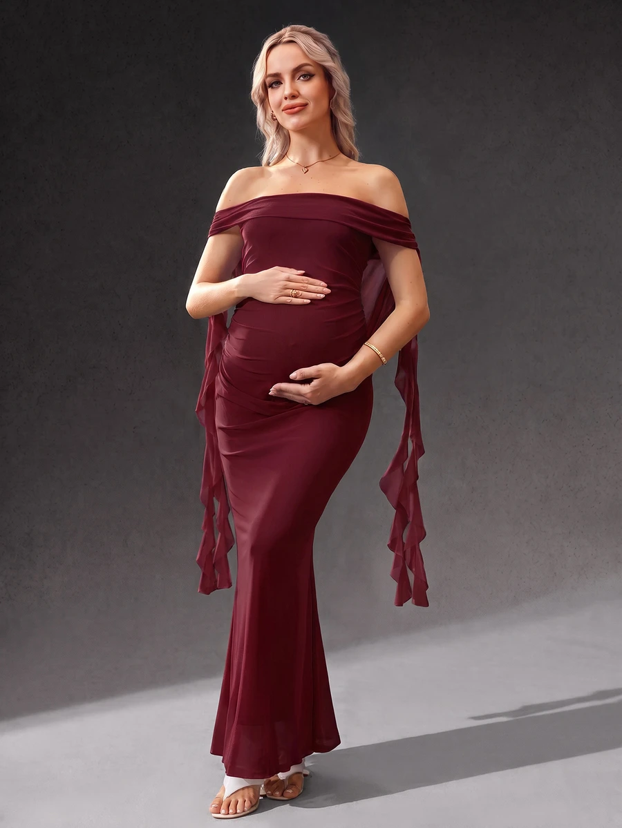 Cheriluna Maternity 聖誕派對洋裝 / 優雅派對洋裝 / 嬰兒洗禮派對洋裝 純色單肩露背飄逸繫帶長裙 孕婦拍照風格 - 酒紅色 - 查看 1
