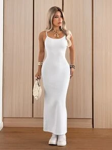 SHEIN EZwear White Knit Fitted Casual Spaghetti Strap Dress For Women - White - View 4