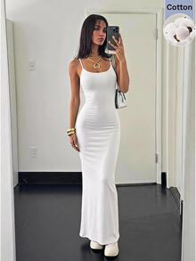 SHEIN EZwear White Knit Fitted Casual Spaghetti Strap Dress For Women - White - View 1