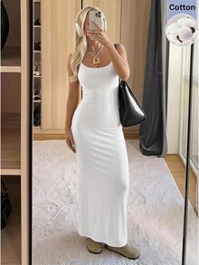 SHEIN EZwear White Knit Fitted Casual Spaghetti Strap Dress For Women - White - View 10